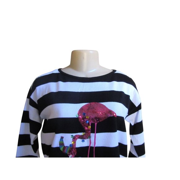 Vintage Lauren Michelle BW Striped Sweater w Sequin Pink Flamingo Design S - Picture 3 of 7